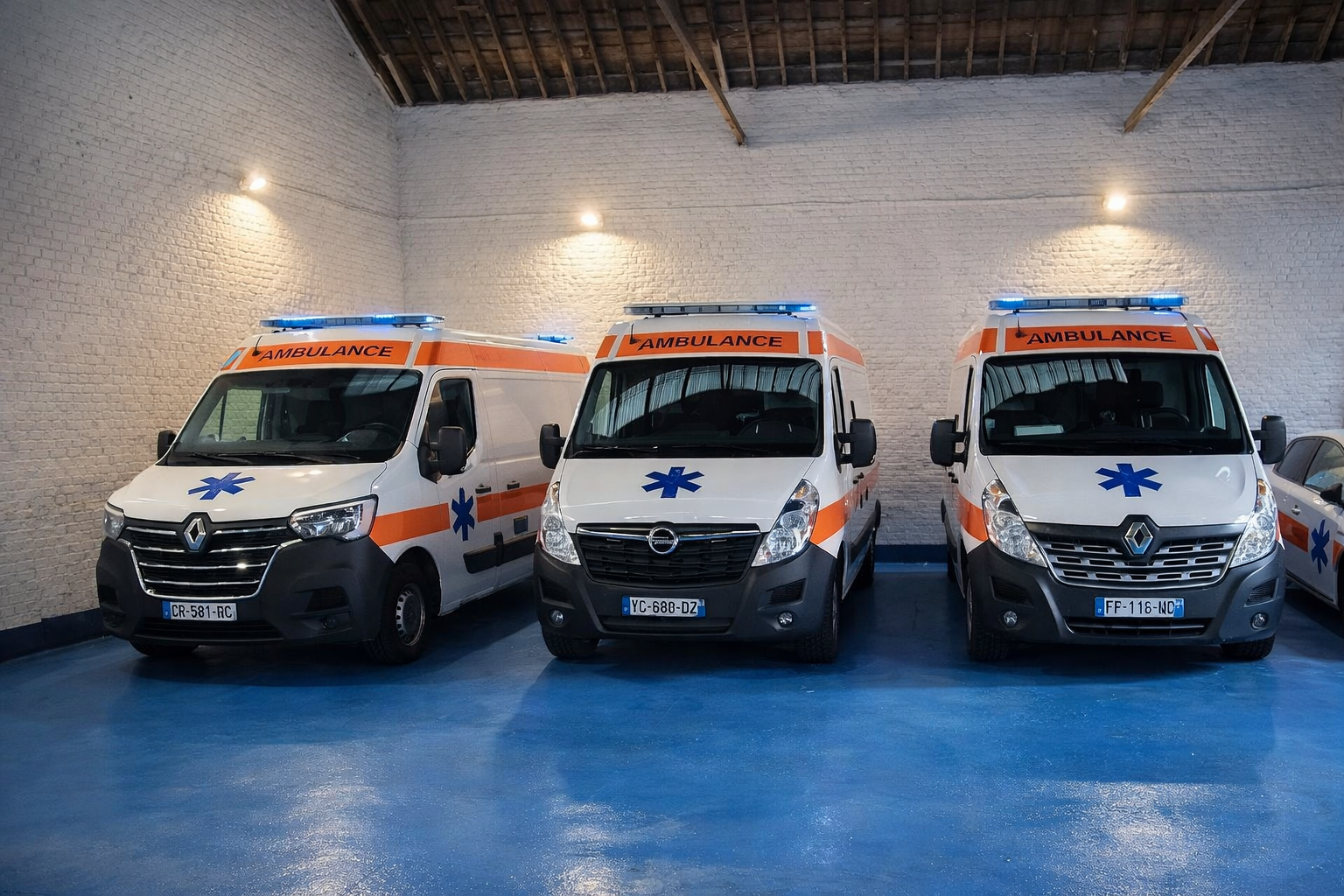 Ambulances Impact Ambulance garées dans un garage professionnel à Roubaix